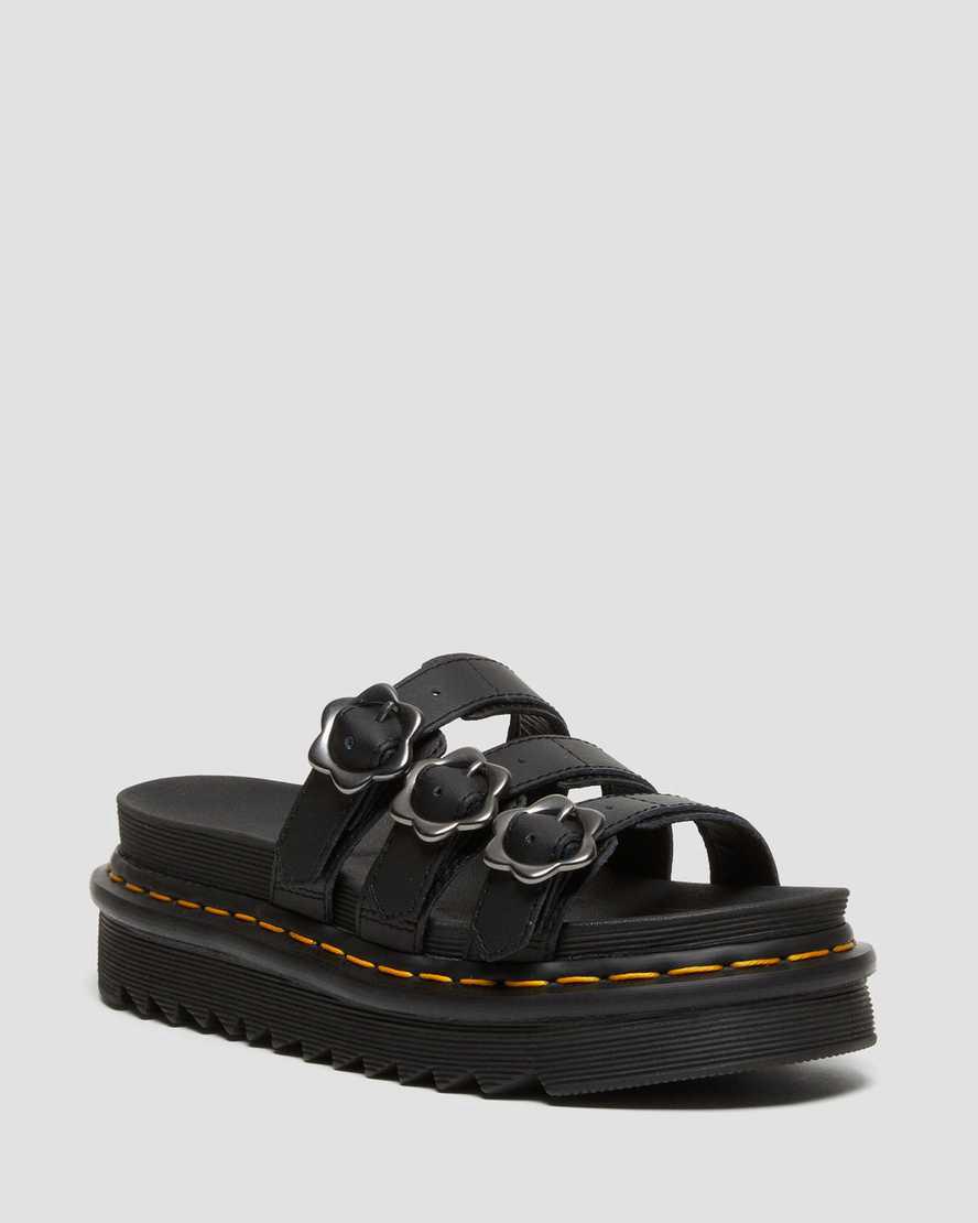 Dr Martens Blaire Flower Buckle Leather Slide Naisten Platform Sandaalit Mustat Suomi | 5839WFOLA