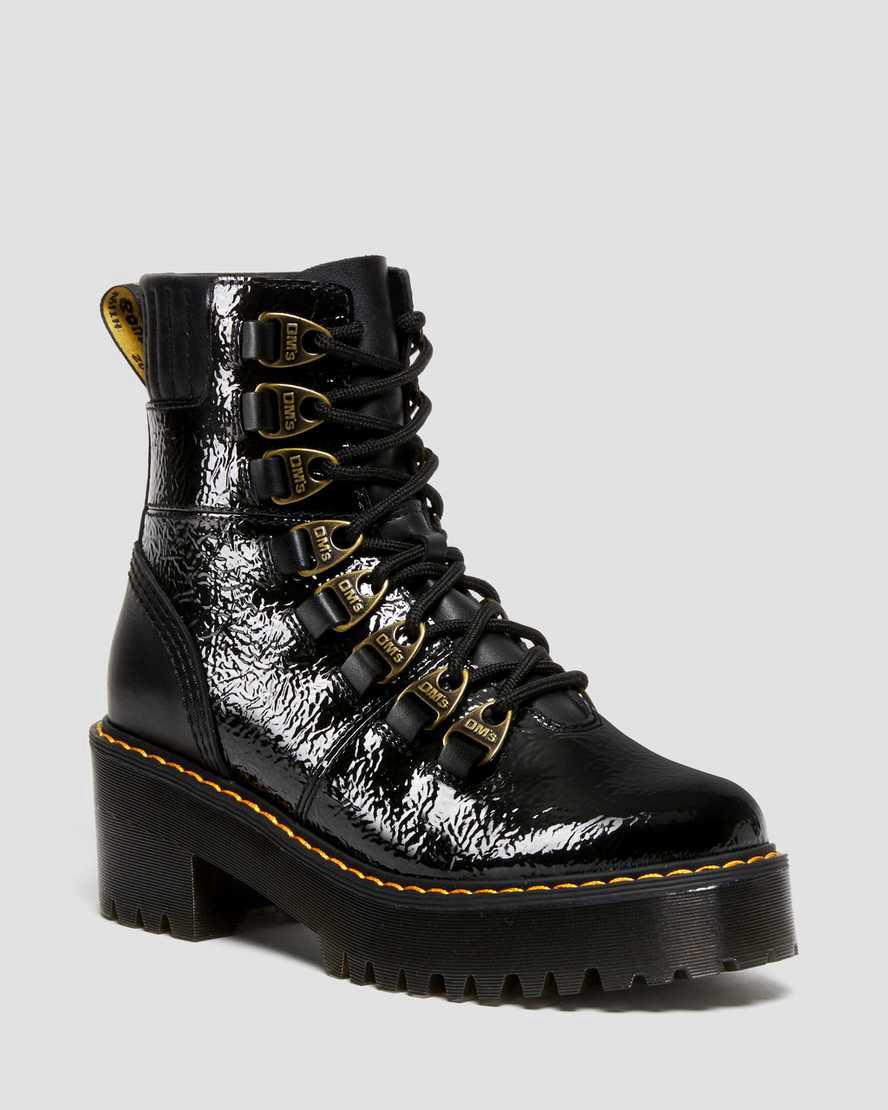 Dr Martens Laurenne Distressed Patent Leather Lace Up Heel Naisten Platform Saappaat Mustat Suomi | 8496YLSEZ