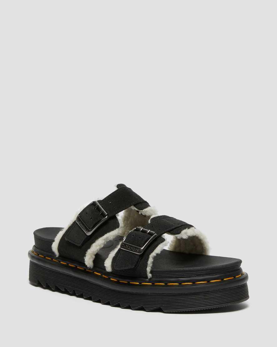 Dr Martens Myles Suede Fur-Lined Buckle Slide Naisten Platform Sandaalit Mustat Suomi | 5410HKRFB