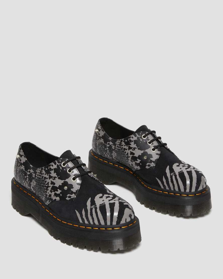 Dr Martens 1461 Animal Clash Leather & Suede Platform Miesten Oxford Kengät Black/Grey Backhand  Suomi |  5827QVEOW