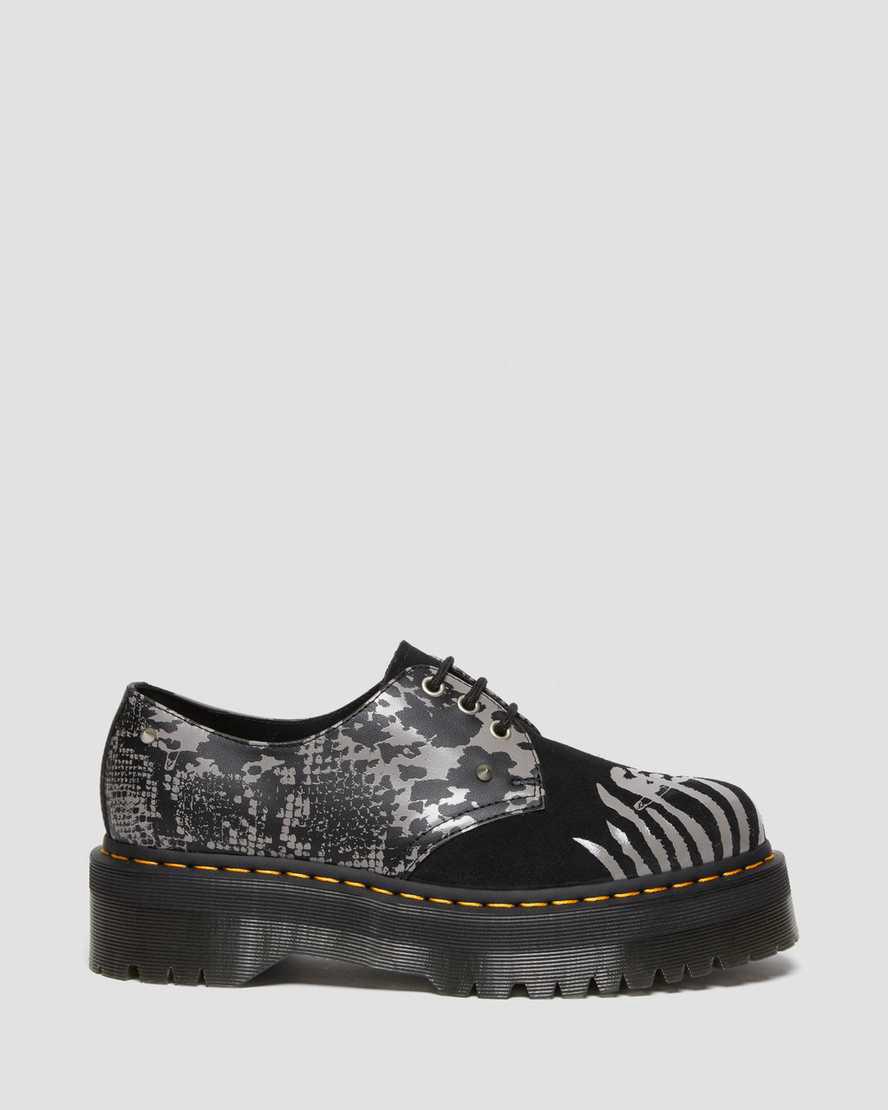 Dr Martens 1461 Animal Clash Leather & Suede Platform Miesten Oxford Kengät Black/Grey Backhand  Suomi |  5827QVEOW