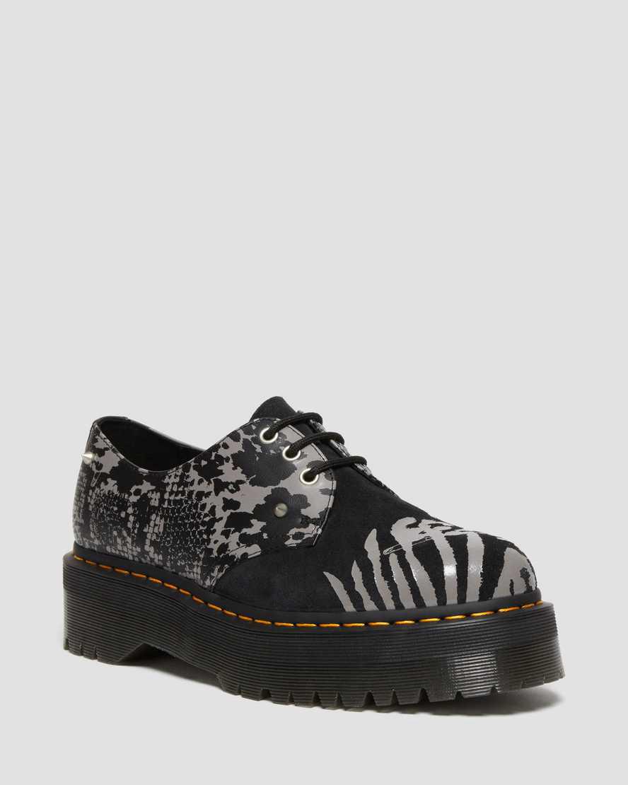 Dr Martens 1461 Animal Clash Leather & Suede Platform Miesten Oxford Kengät Black/Grey Backhand  Suomi |  5827QVEOW