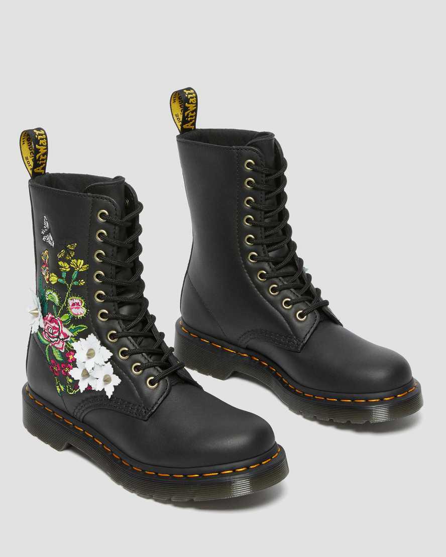 Dr Martens 1490 Floral Bloom Leather Mid-Calf Naisten Originals Boots Mustat  Suomi |  0487PIWFO