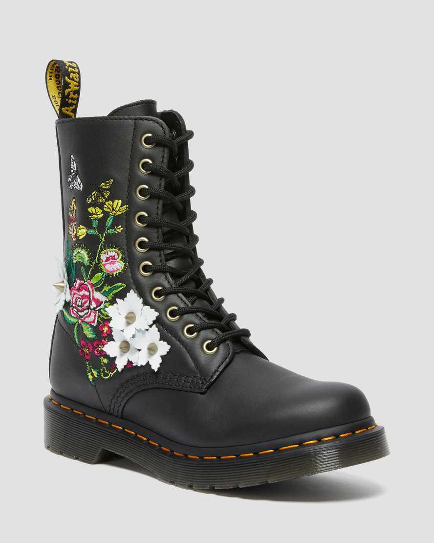 Dr Martens 1490 Floral Bloom Leather Mid-Calf Naisten Originals Boots Mustat  Suomi |  0487PIWFO