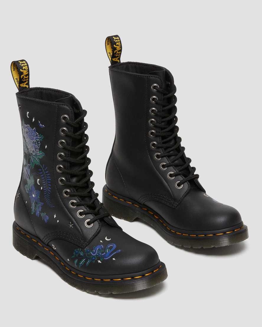 Dr Martens 1490 Mystic Floral Leather Mid-Calf Naisten Originals Boots Mustat  Suomi |  8795CKEOH