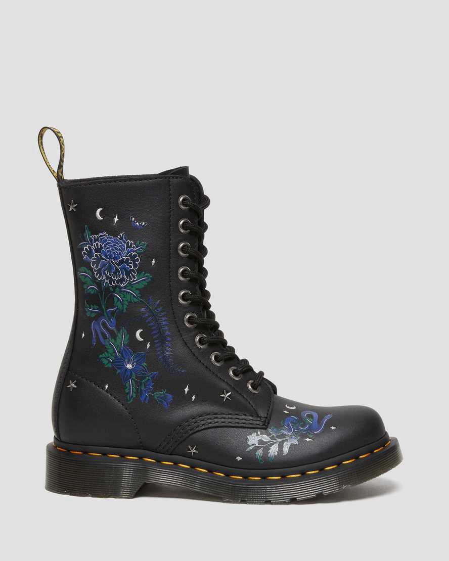 Dr Martens 1490 Mystic Floral Leather Mid-Calf Naisten Originals Boots Mustat  Suomi |  8795CKEOH