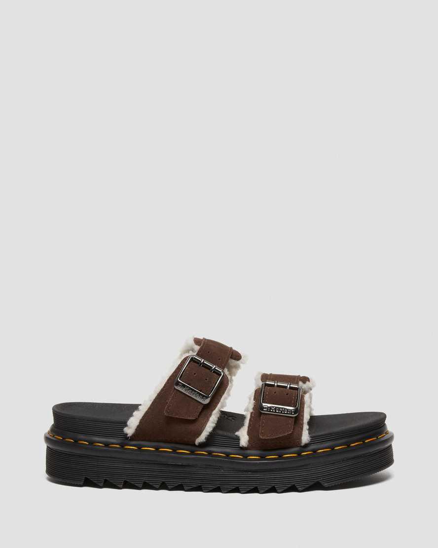 Dr Martens Myles Suede Fur-Lined Buckle Slide Naisten Platform Sandaalit Tummanruskea  Suomi |  8971YLPZN