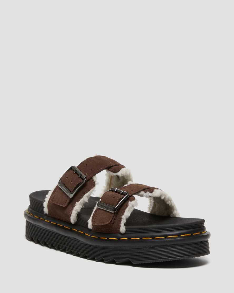 Dr Martens Myles Suede Fur-Lined Buckle Slide Naisten Platform Sandaalit Tummanruskea  Suomi |  8971YLPZN